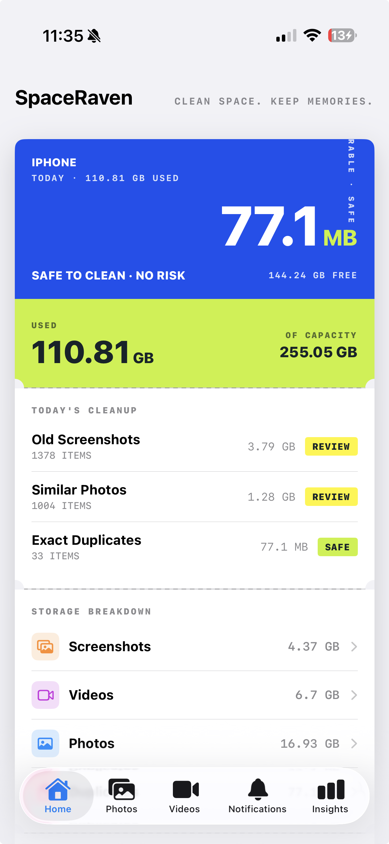 SpaceRaven Home screen showing 110.81 GB used, 144.24 GB free, and a Today's Cleanup review queue with Old Screenshots, Similar Photos, and Exact Duplicates