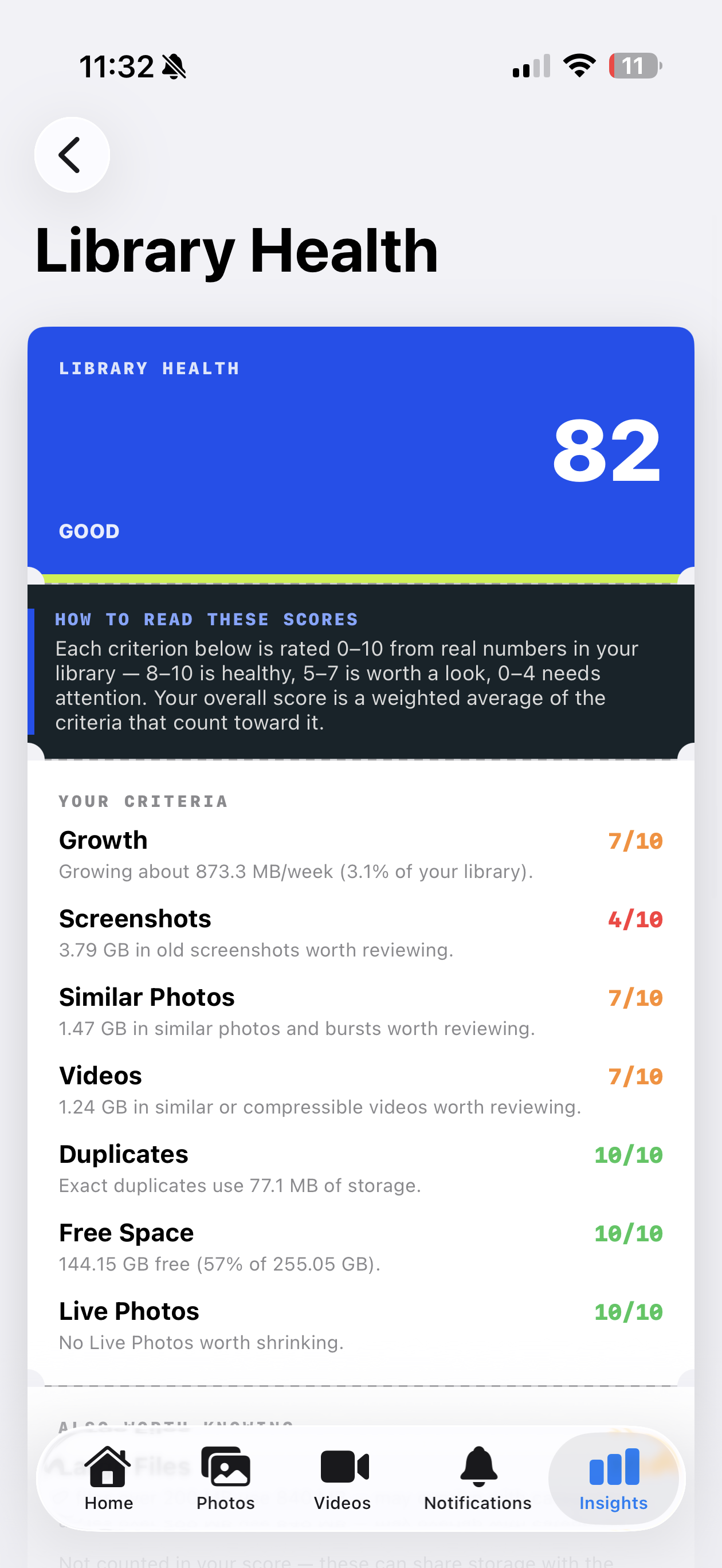SpaceRaven Library Health screen showing an overall score of 82 (Good) with criteria breakdowns for growth, screenshots, similar photos, videos, duplicates, free space, and Live Photos