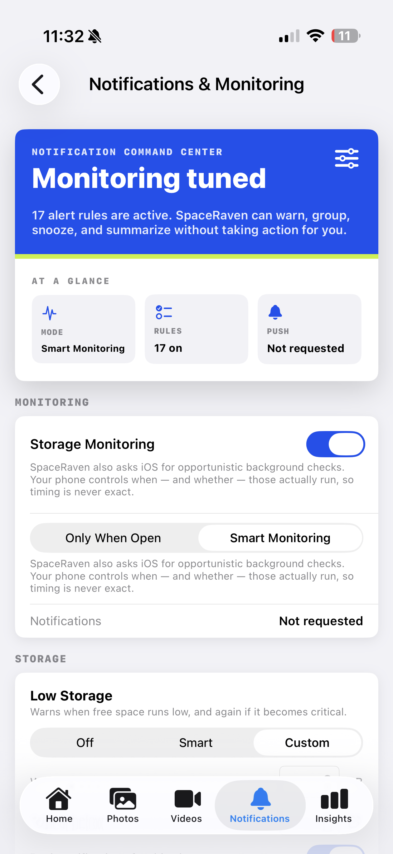 SpaceRaven Notifications & Monitoring screen showing Smart Monitoring mode, 17 active alert rules, and low storage alert controls