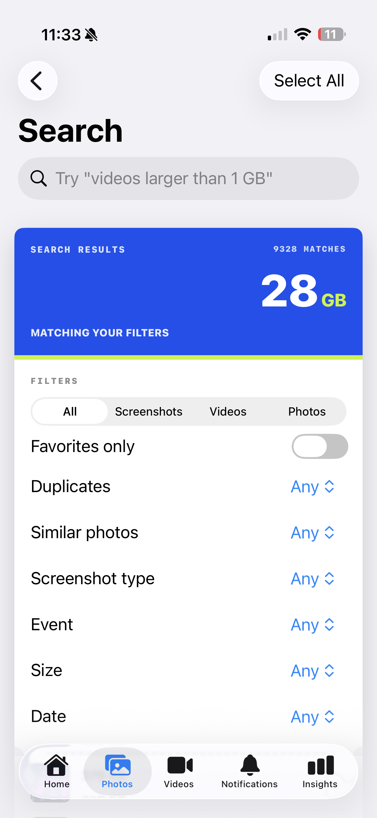 SpaceRaven Search screen with filters for duplicates, similar photos, screenshot type, event, size, and date